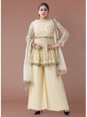 Off White Faux Crepe Readymade Salwar Suit