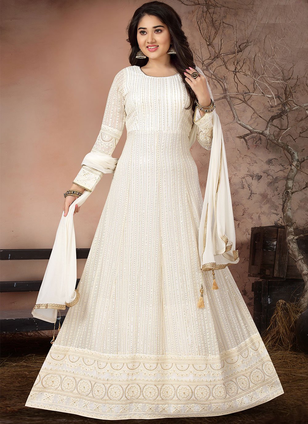 Amazon.com: Satyam Creation Womens Off White Long Sleeve Key-Hole Neck  Embroidered Anarkali Gown Suit Set Size M(38) : Clothing, Shoes & Jewelry