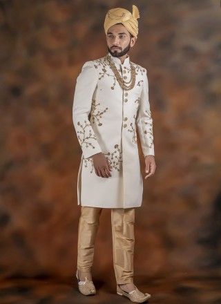 Off White Mehndi Jacquard Indo Western Sherwani