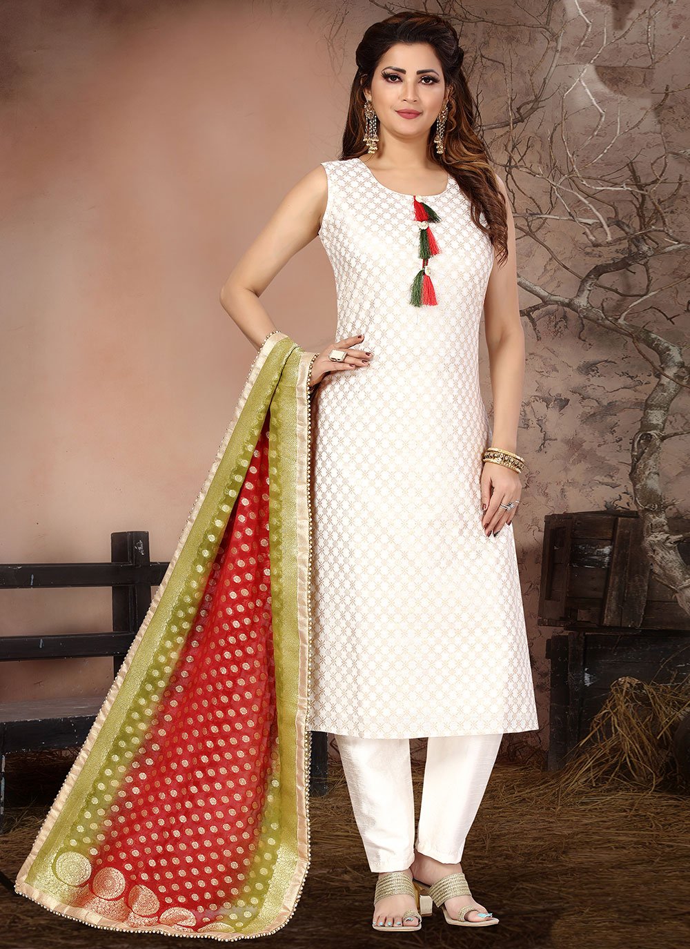 Off White Printed Brocade Readymade Salwar Suit