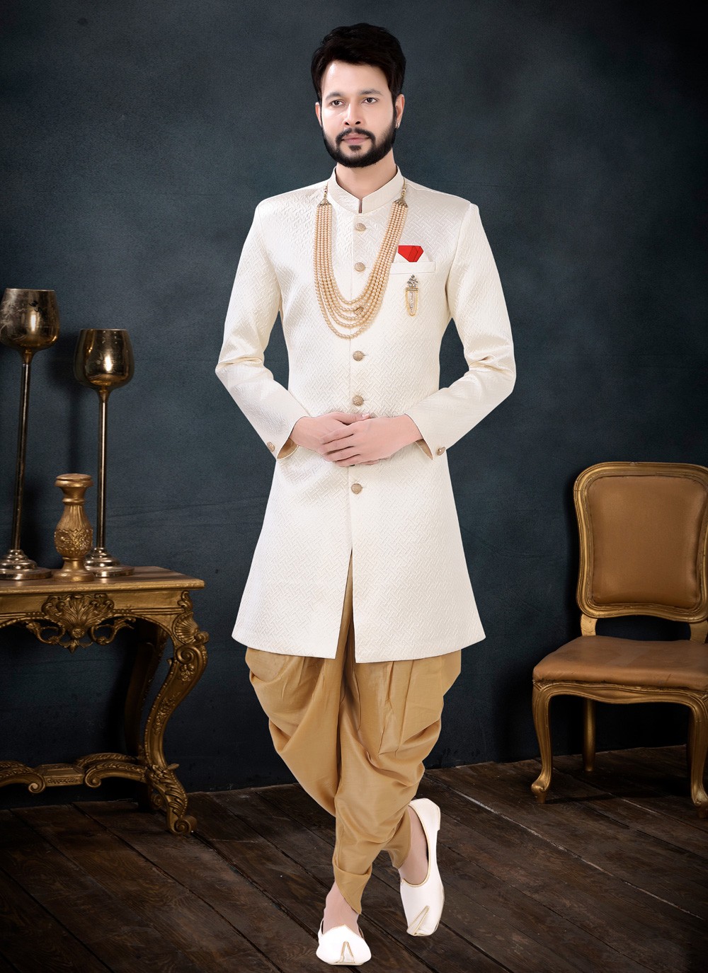 Off White Woven Engagement Indo Western Sherwani buy online