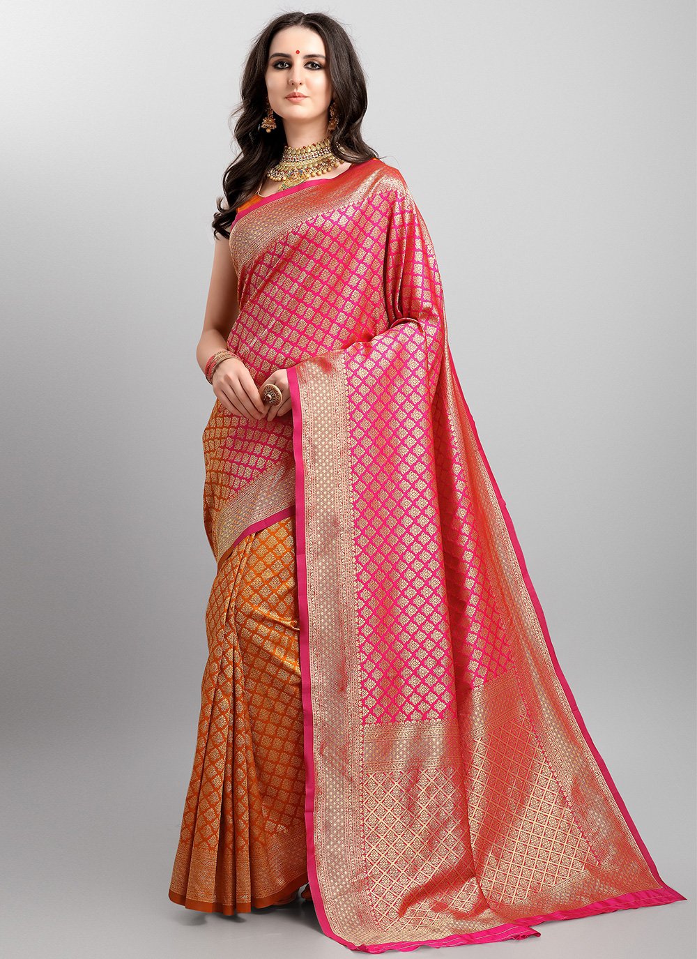 Orange and Pink Weaving Banarasi Silk Shaded Saree