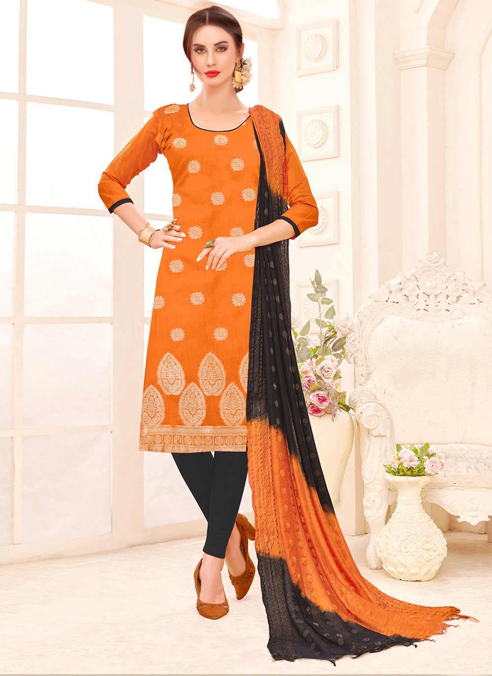Orange Banarasi Silk Pakistani Straight Suit