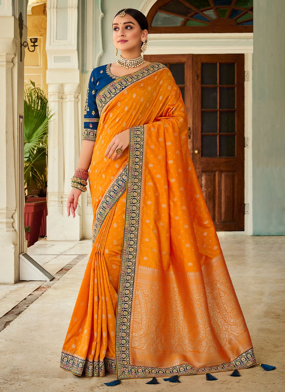 Orange Banarasi Silk Weaving Saree