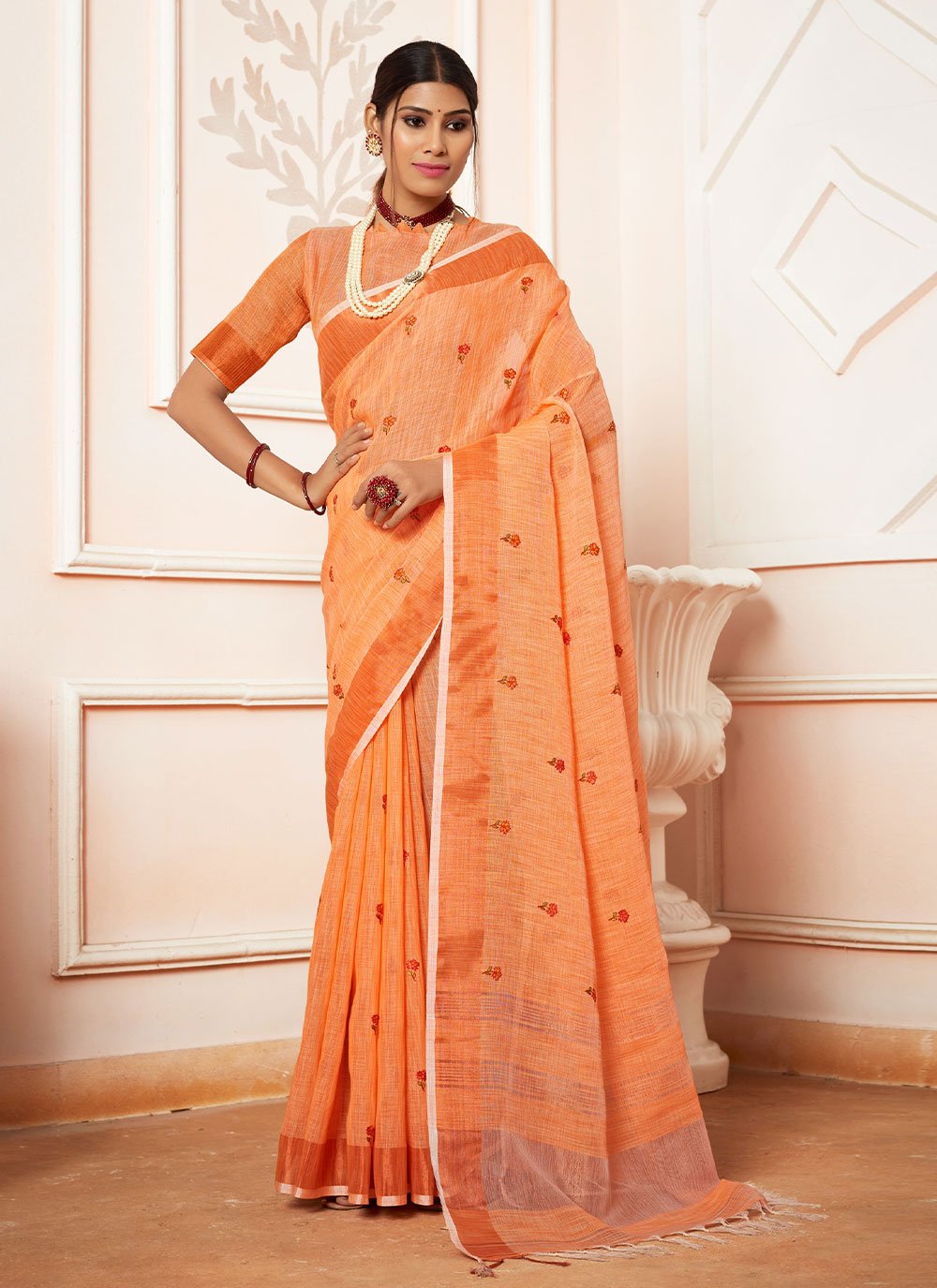Orange Embroidered Saree