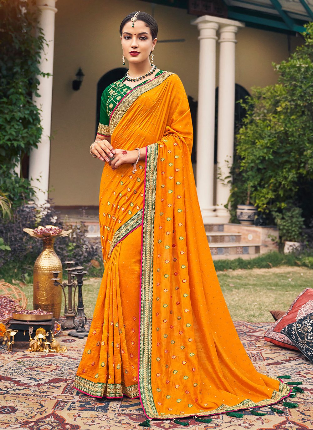 Orange Embroidered Trendy Saree buy online -