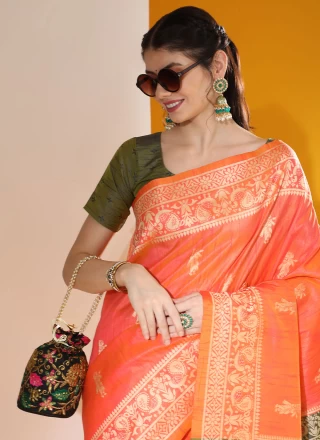 Orange Handloom silk Mehndi Contemporary Saree