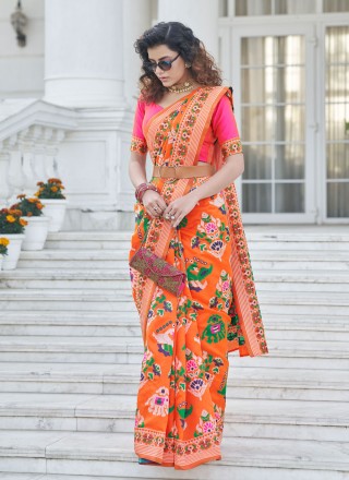 Orange Patola Silk  Weaving Traditional Designer Saree
