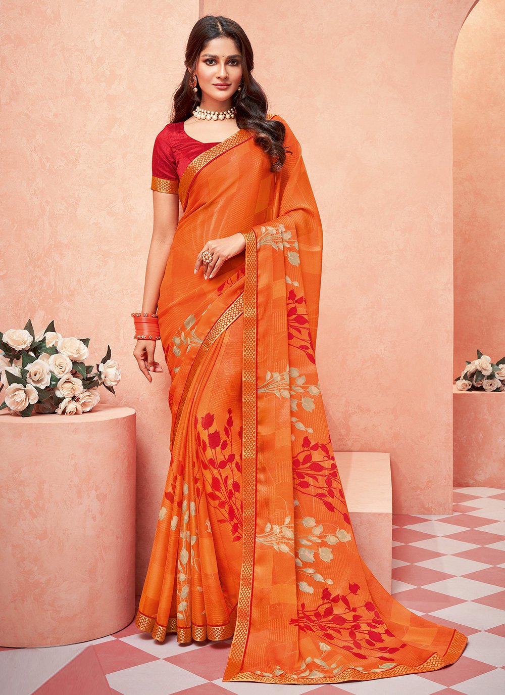 Orange Printed Classic Saree
