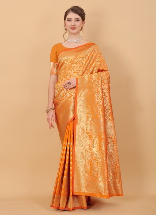 Orange Pure Silk Weaving Classic Designer Saree
