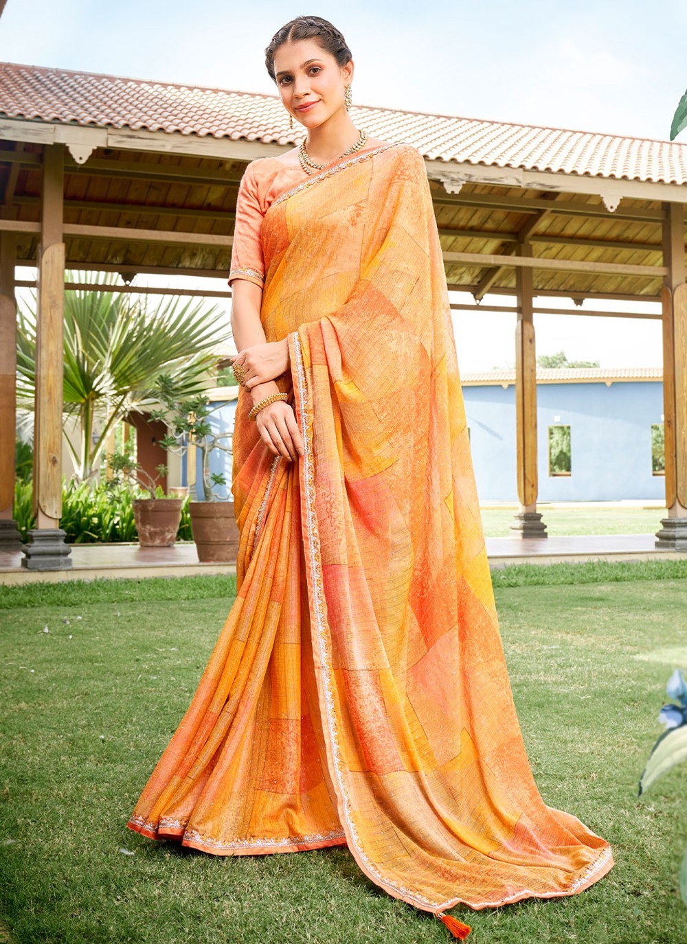 Orange Stone Traditional Saree