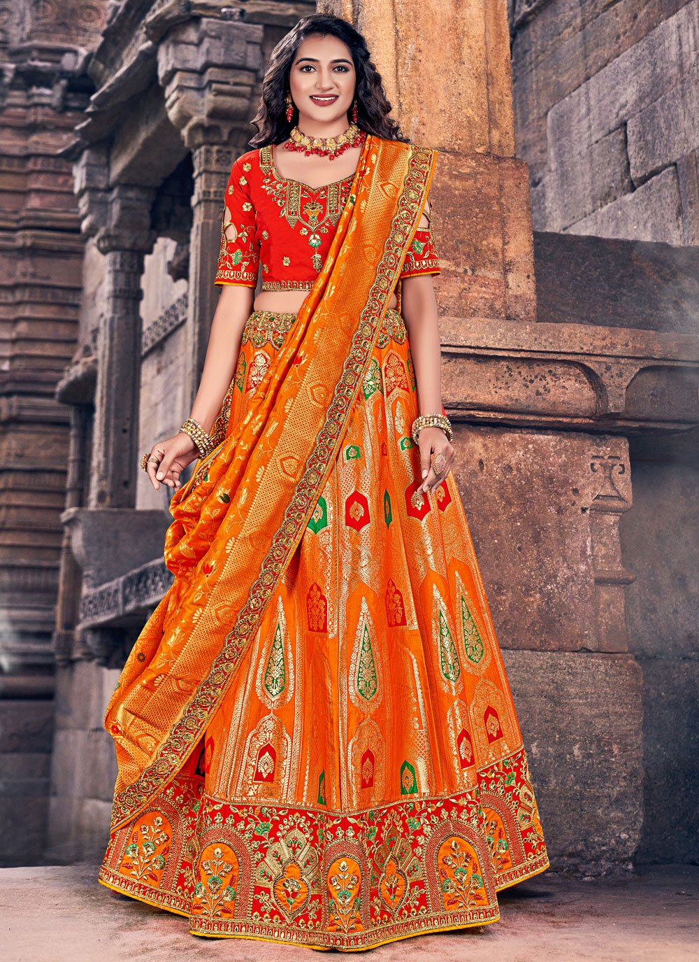 Orange Weaving Banarasi Silk Lehenga Choli