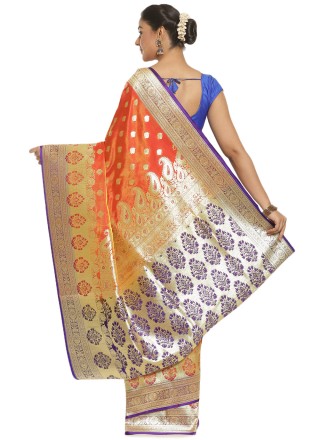 Orange Woven Banarasi Silk Designer Traditional Saree