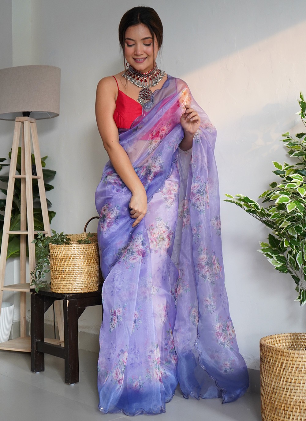 Lavender Organza Traditional Saree with Digital Print Work for Women Buy  Online -