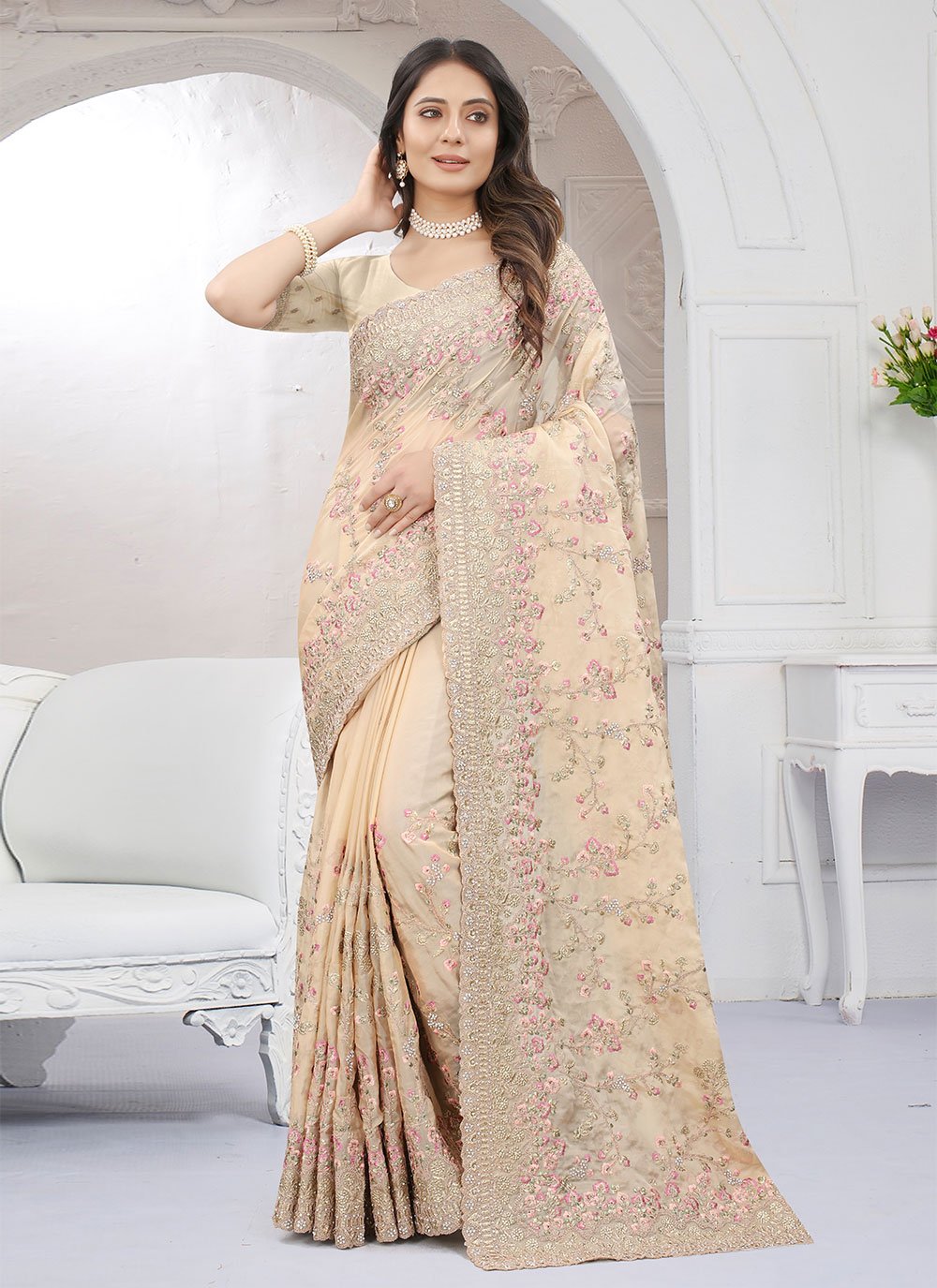 Organza Embroidered Brown Contemporary Style Saree