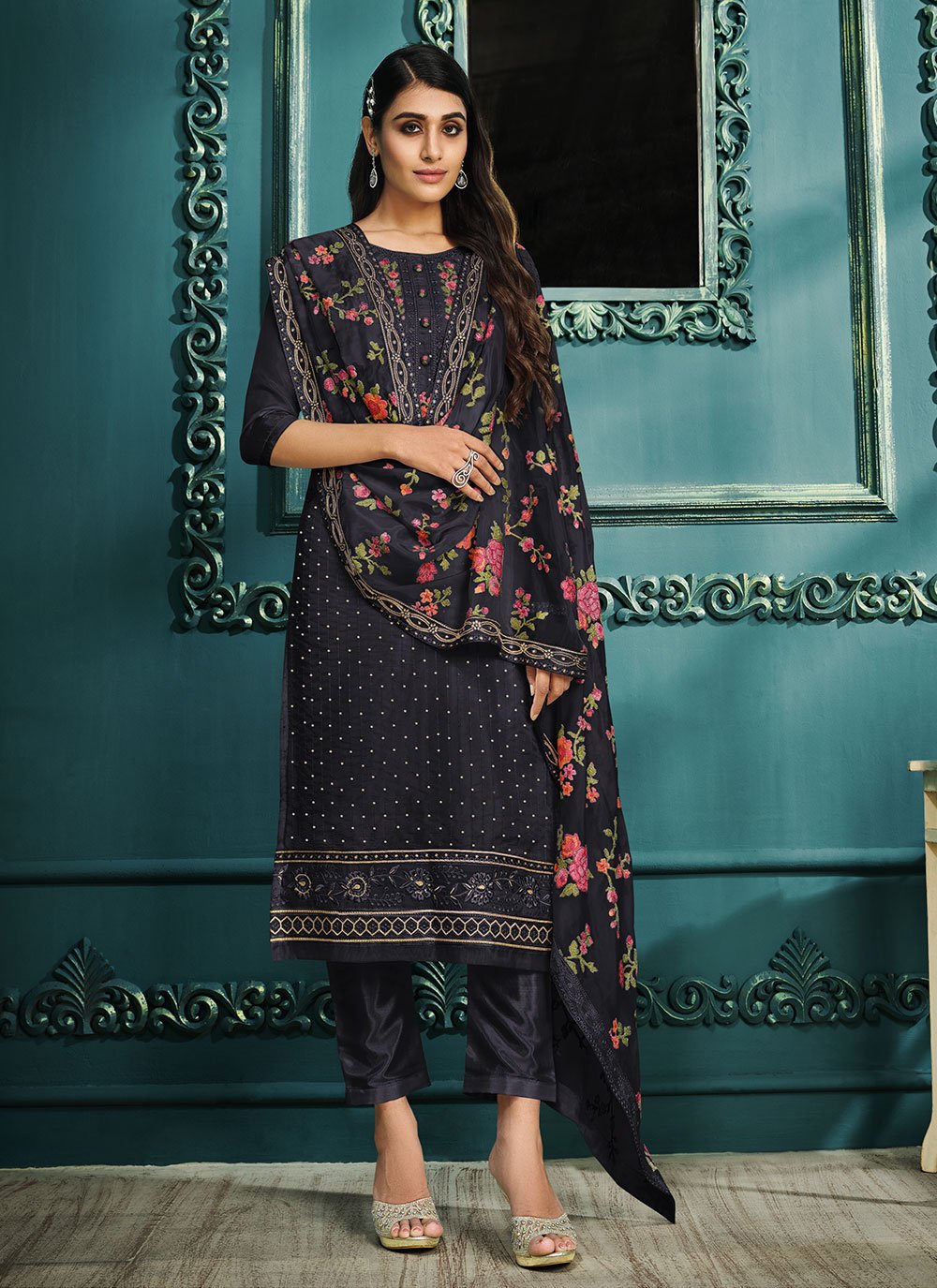 Organza Embroidered Designer Straight Suit in Navy Blue