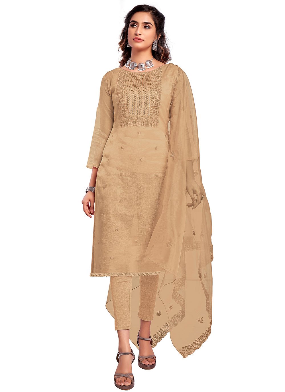 Organza Embroidered Trendy Salwar Suit in Beige