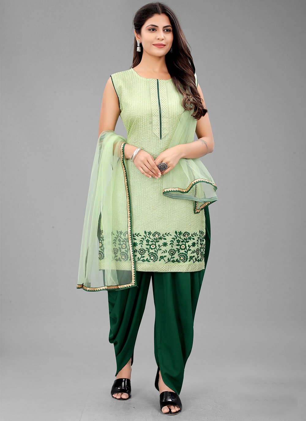 Organza Green Sequins Designer Patiala Suit