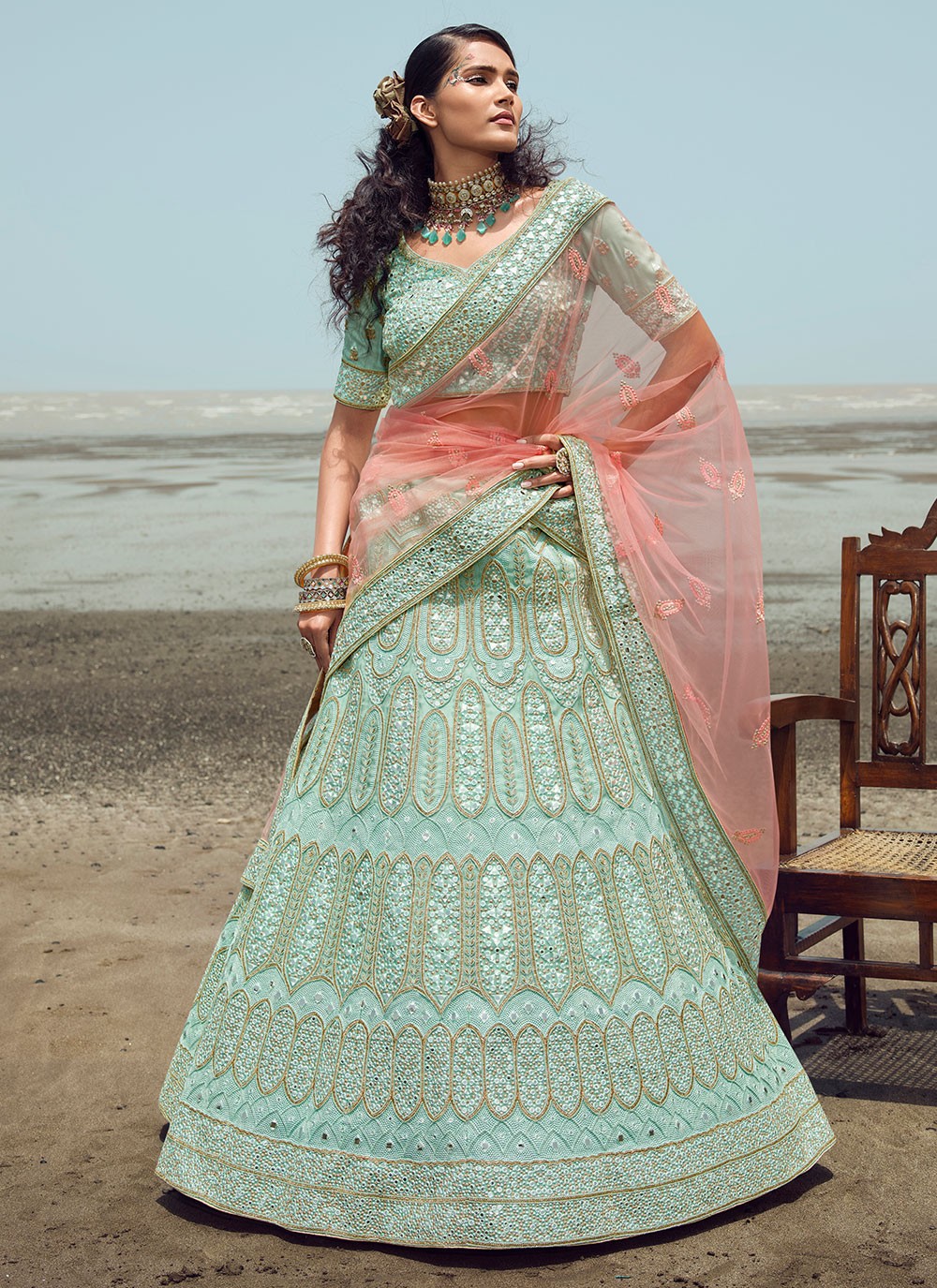 organza turquoise lehenga choli 235453