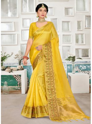 Organza Yellow Weaving Trendy Saree
