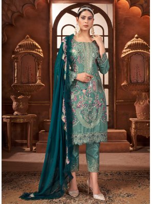 Pakistani Salwar Suit Embroidered Faux Georgette in Turquoise