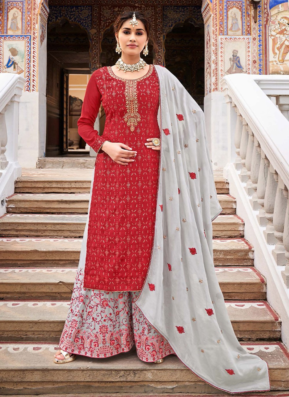 Palazzo Salwar Suit Thread Chinon in Red