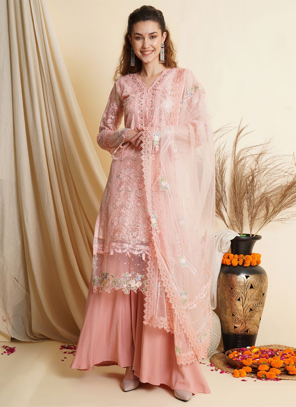 Palazzo Salwar Suit Zari Net in Pink