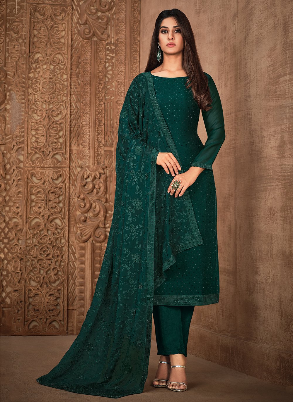 Pant Style Suit Diamond Georgette in Green