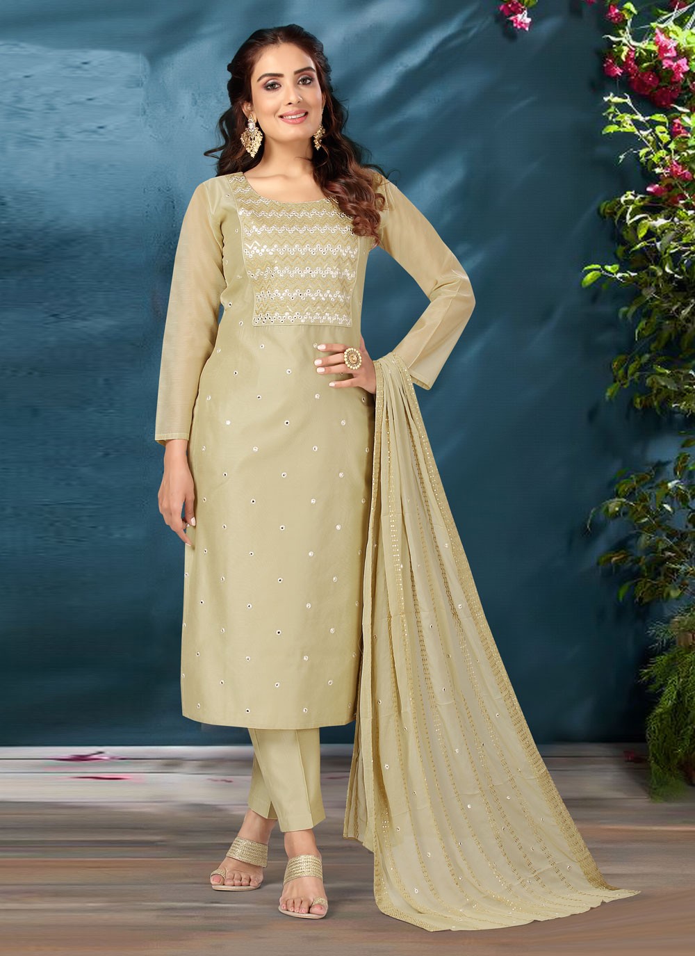 Pant Style Suit Embroidered Art Silk in Green