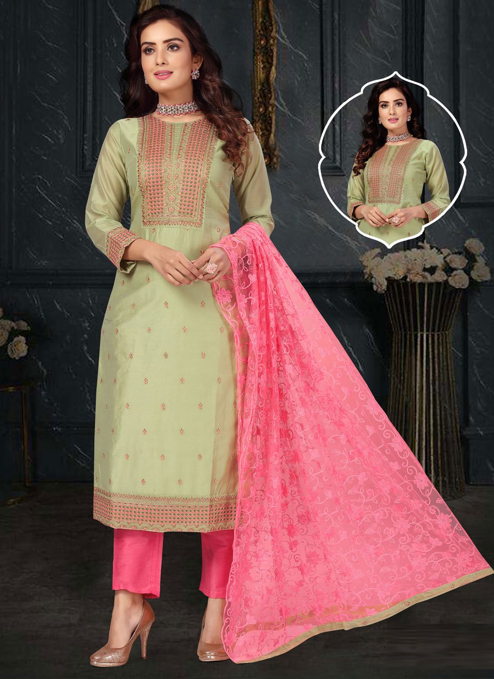 Pant Style Suit Embroidered Chanderi in Green