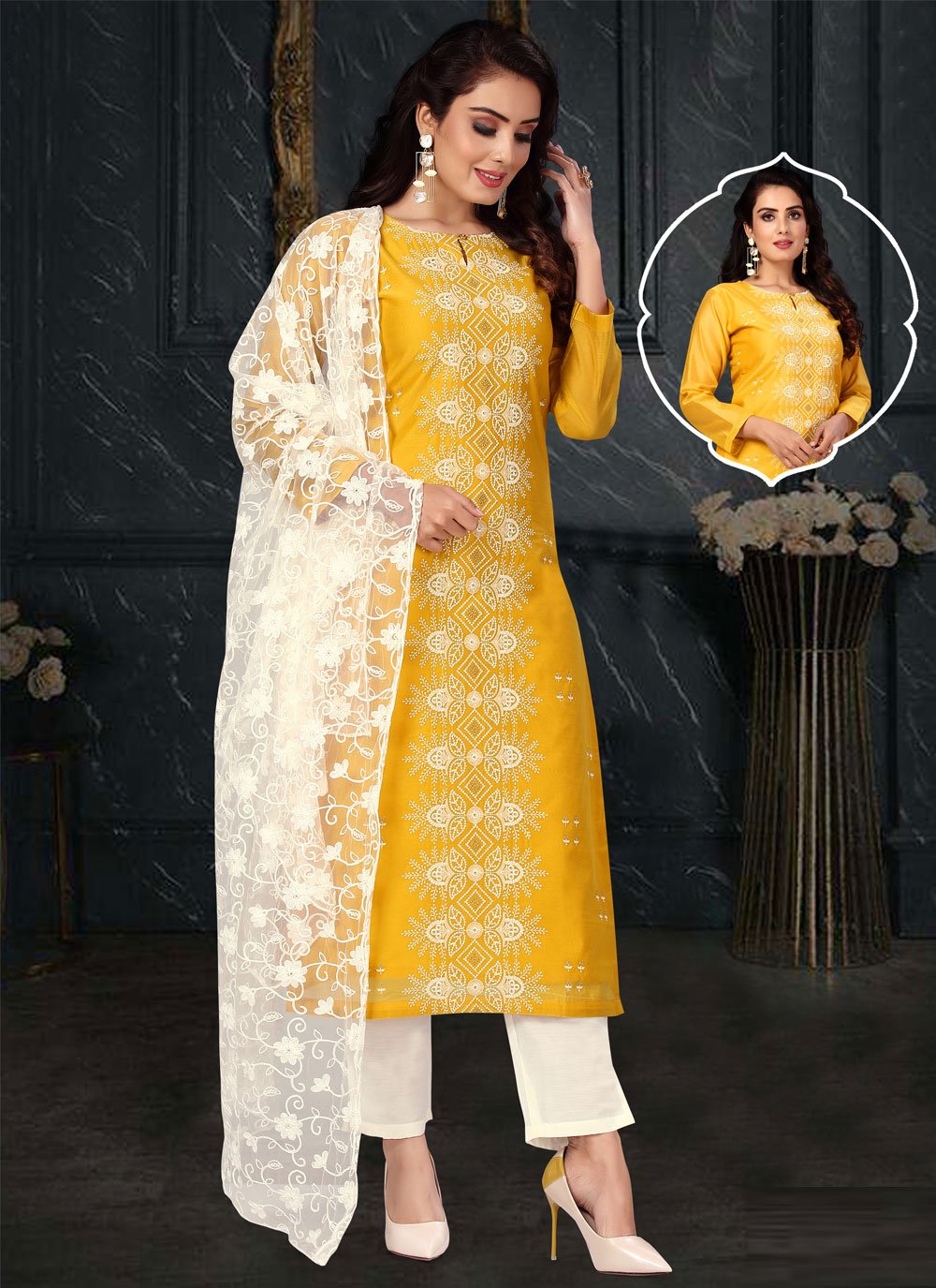 Pant Style Suit Embroidered Chanderi in Yellow