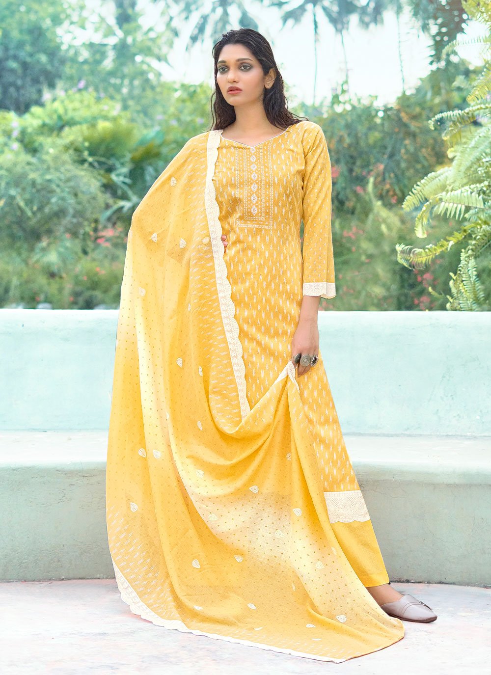 Pant Style Suit Printed Cotton in Yellow