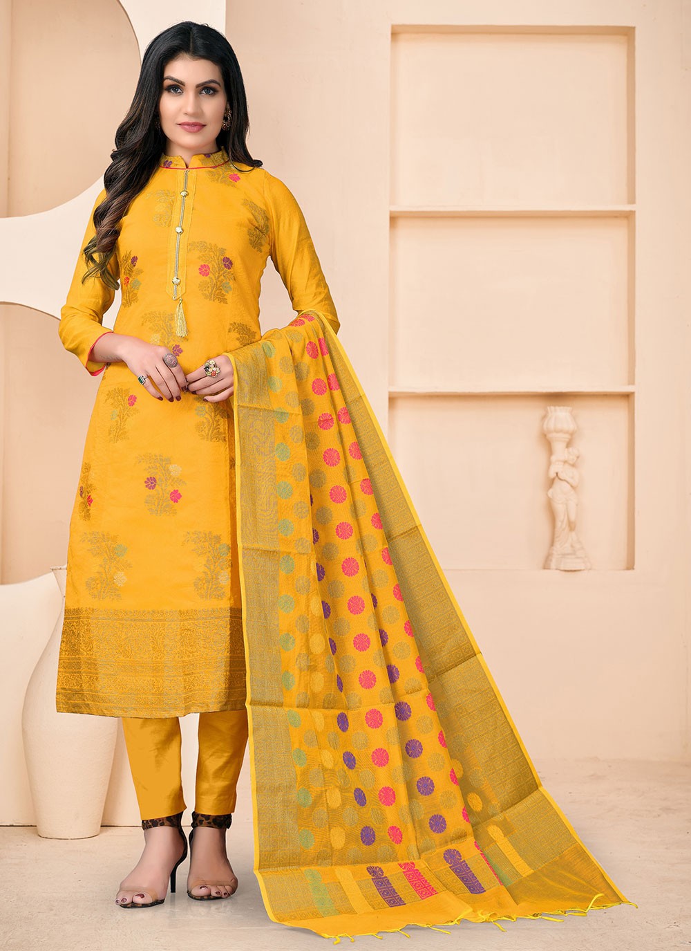 Pant Style Suit Woven Banarasi Jacquard in Yellow