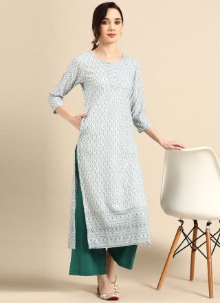 Party Wear Kurti Embroidered Rayon in Blue