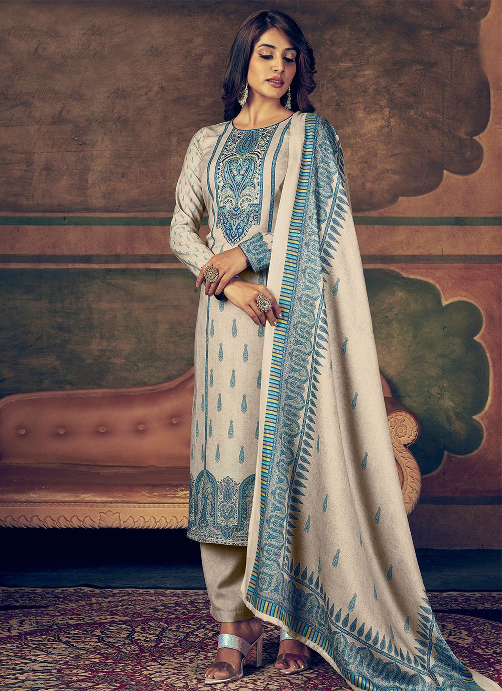 Pashmina Digital Print Blue Straight Salwar Suit