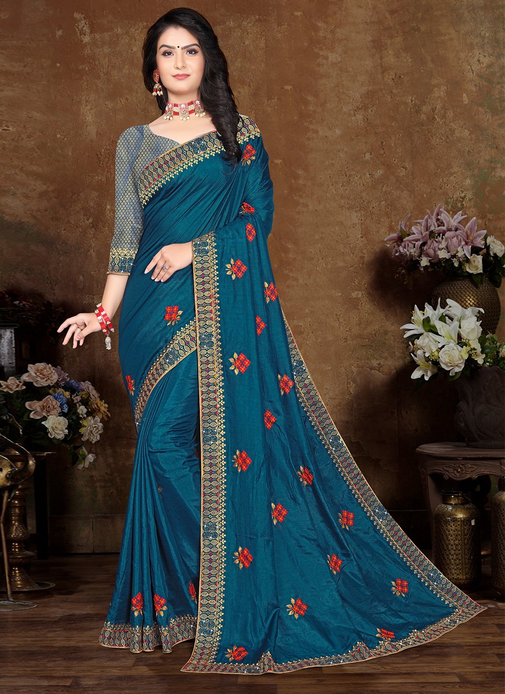 Patch Border Blue Vichitra Silk Designer Traditional Saree