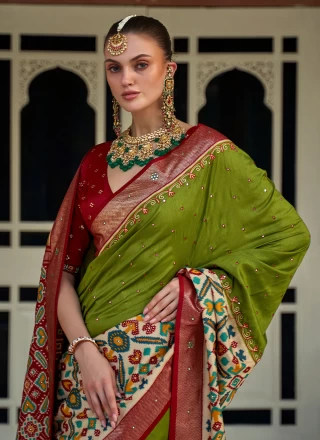Patola Silk  Aariwork Green Contemporary Saree