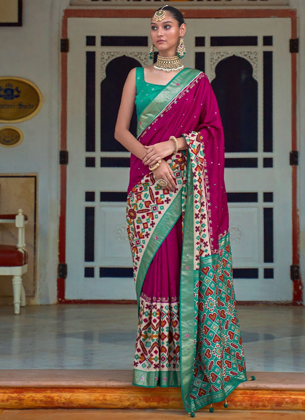 Pure Gazzi Silk with traditional Bandhani print and khatli mirror work