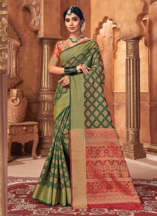 Patola Silk  Weaving Green Trendy Saree