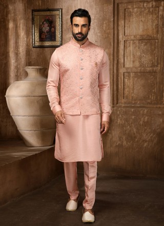 Peach Art Banarasi Silk Kurta Payjama With Jacket