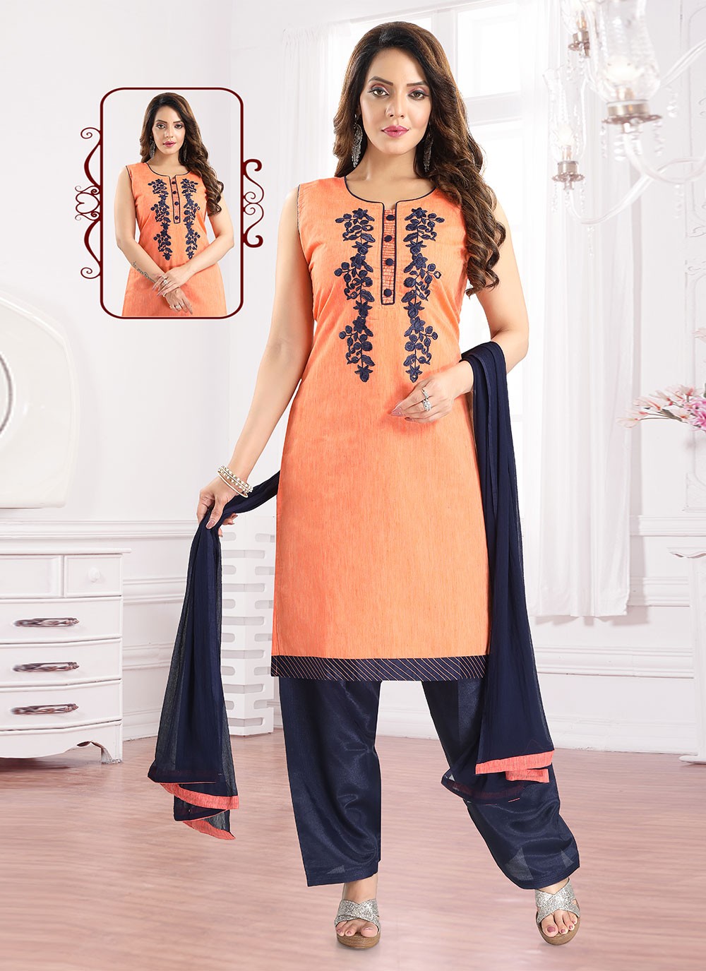Peach Chanderi Cotton Embroidered Salwar Suit
