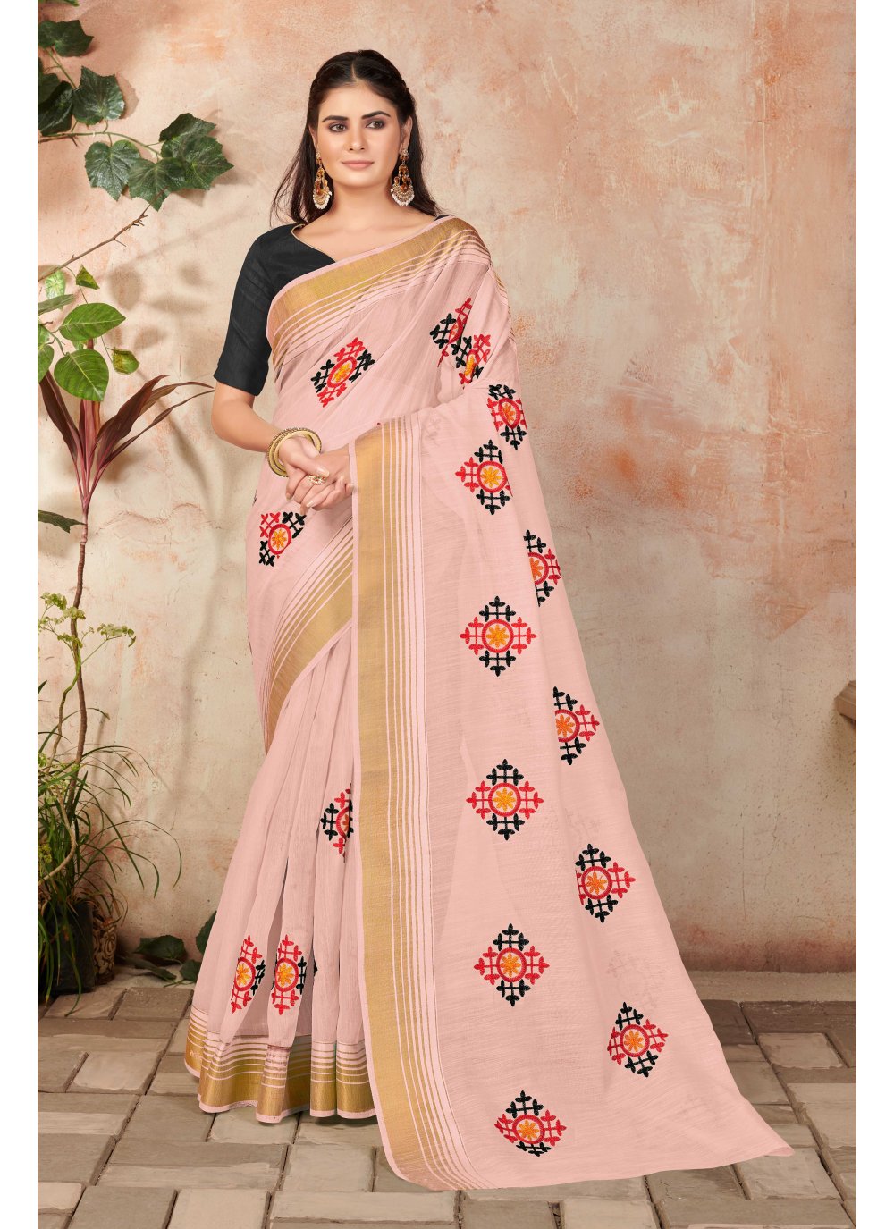 Buy Suta Peach Printed Pure Cotton Saree without Blouse online