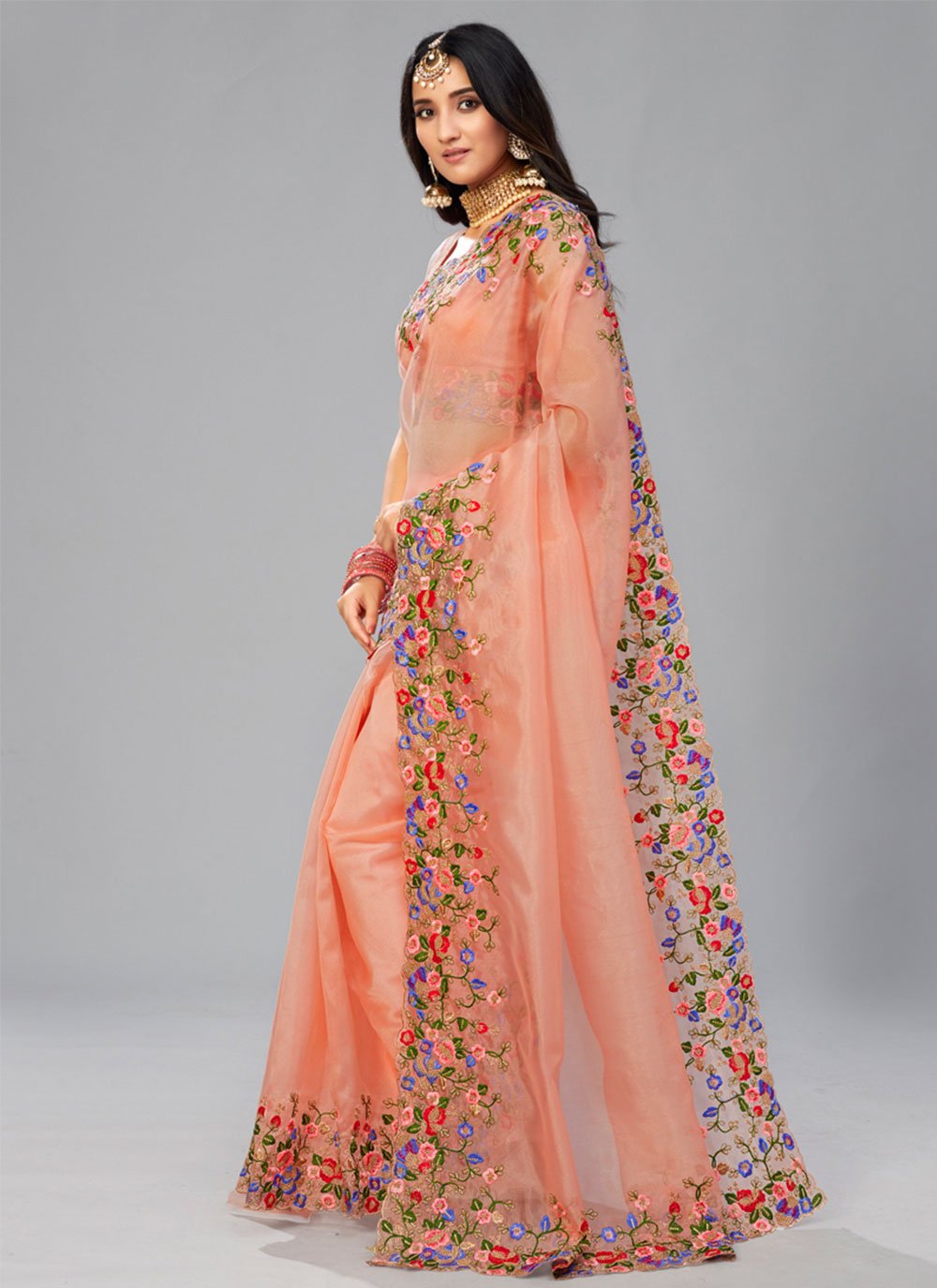 Shop Online Peach Embroidered Engagement Trendy Saree 234158