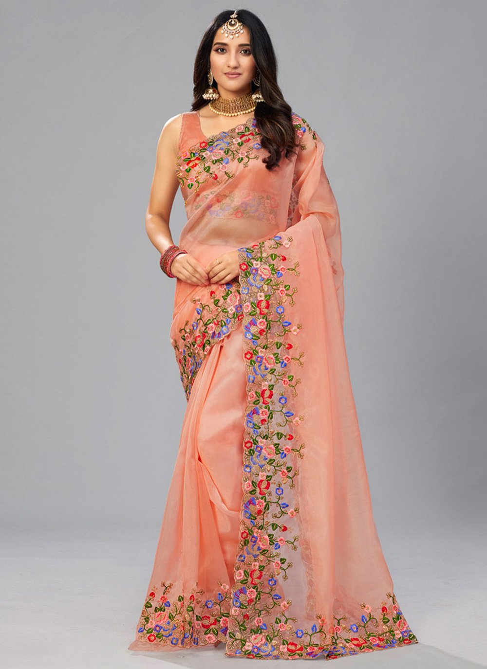 Shop Online Peach Embroidered Engagement Trendy Saree 234158