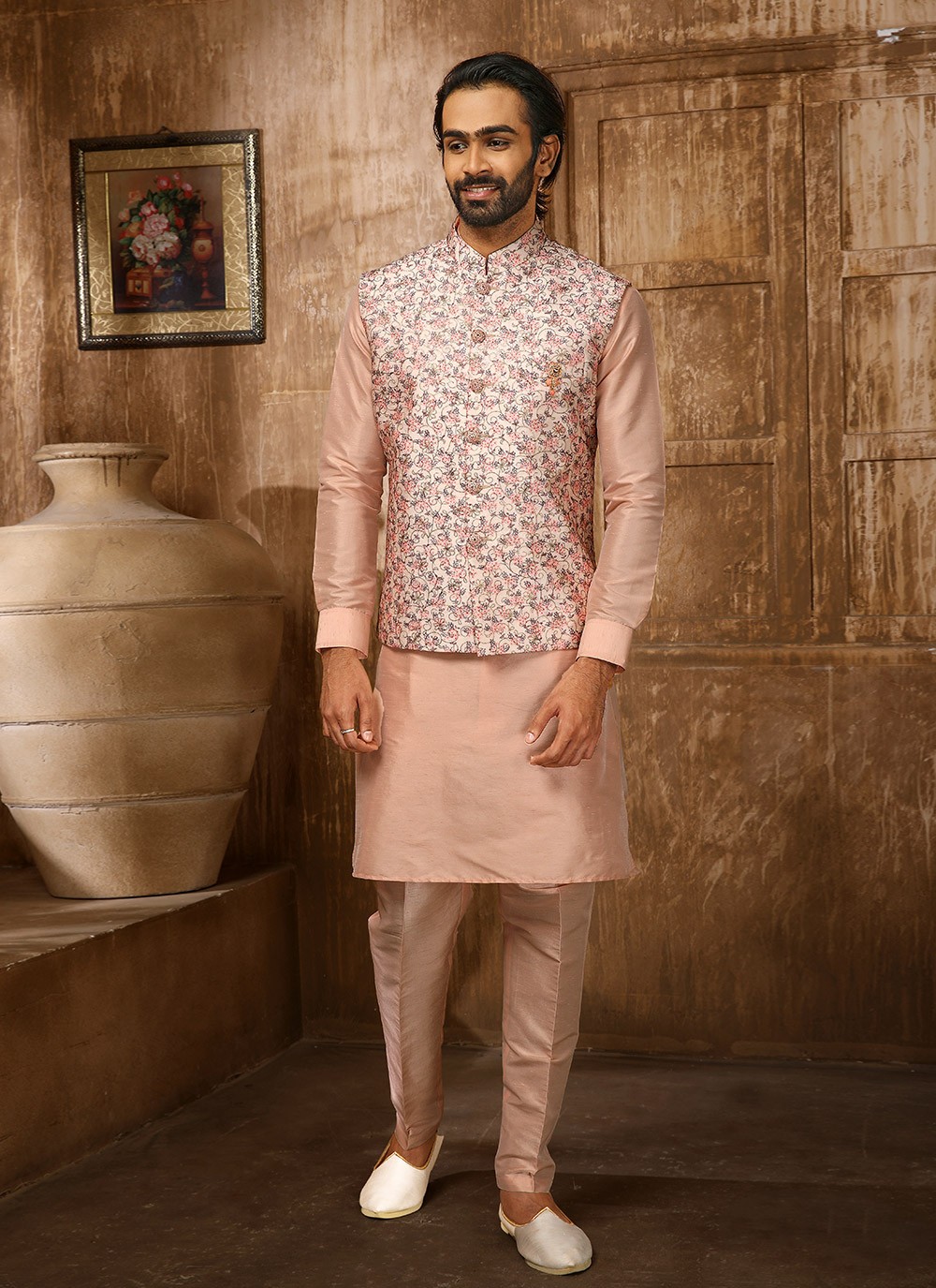 Peach Embroidered Party Kurta Payjama With Jacket buy online