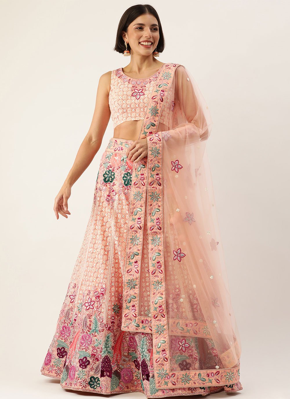 Buy Embroidered, Resham and Zari Work Banarasi Silk Lehenga Choli In Peach  and Pink for Engagement Online : 275437 -