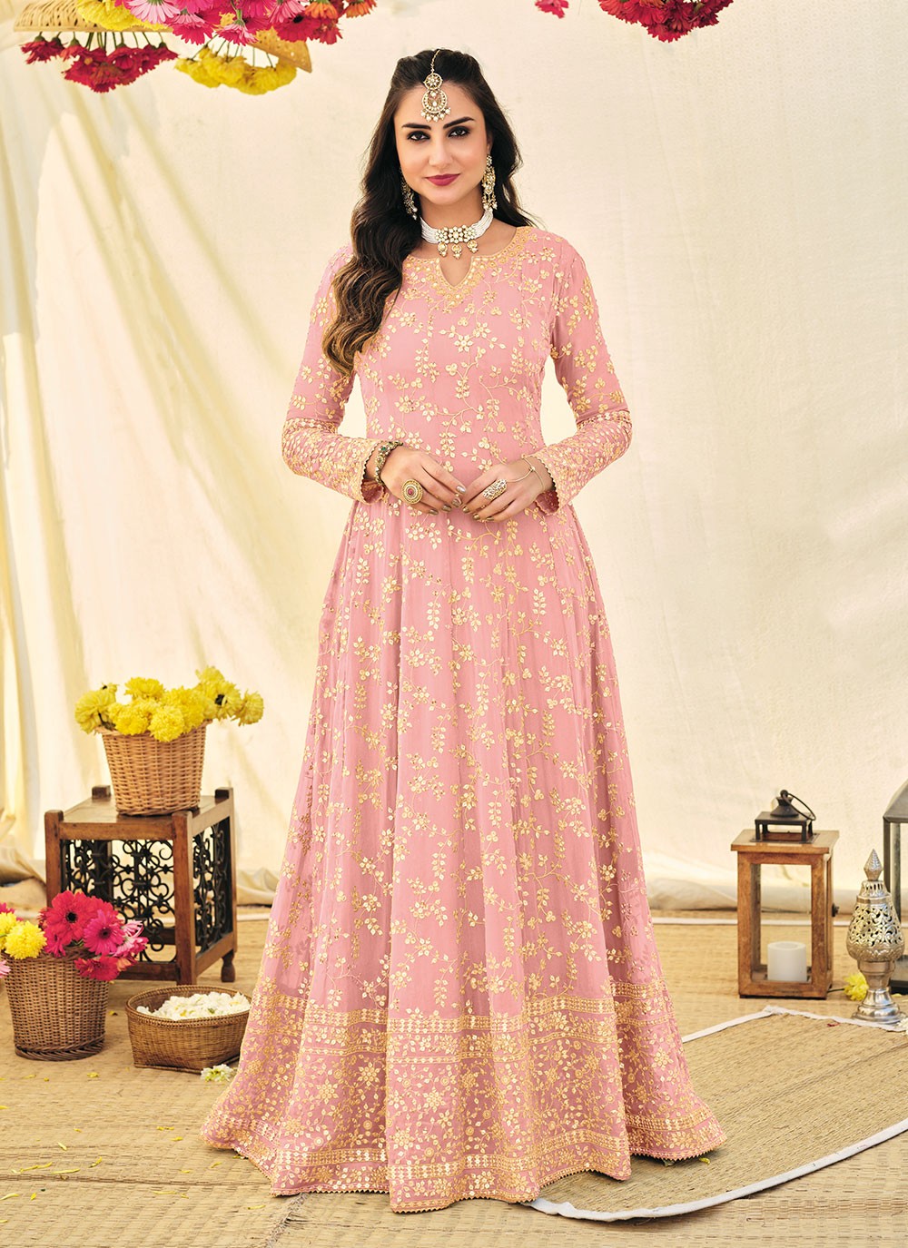 Buy Peach Floor Length Designer Salwar Suit Online