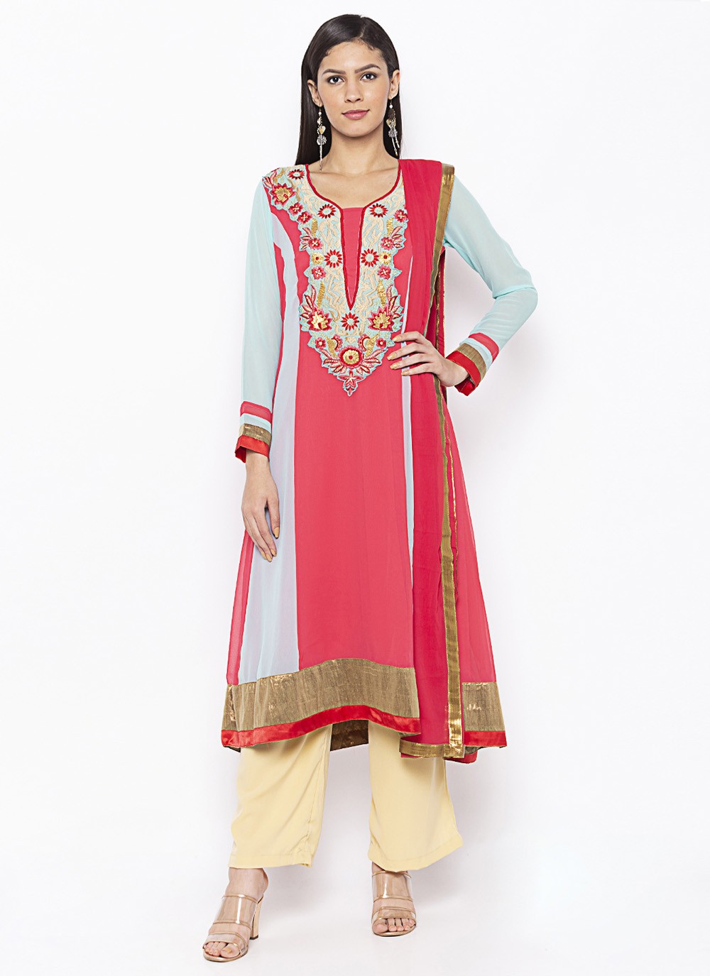 Peach Georgette Embroidered Readymade Suit