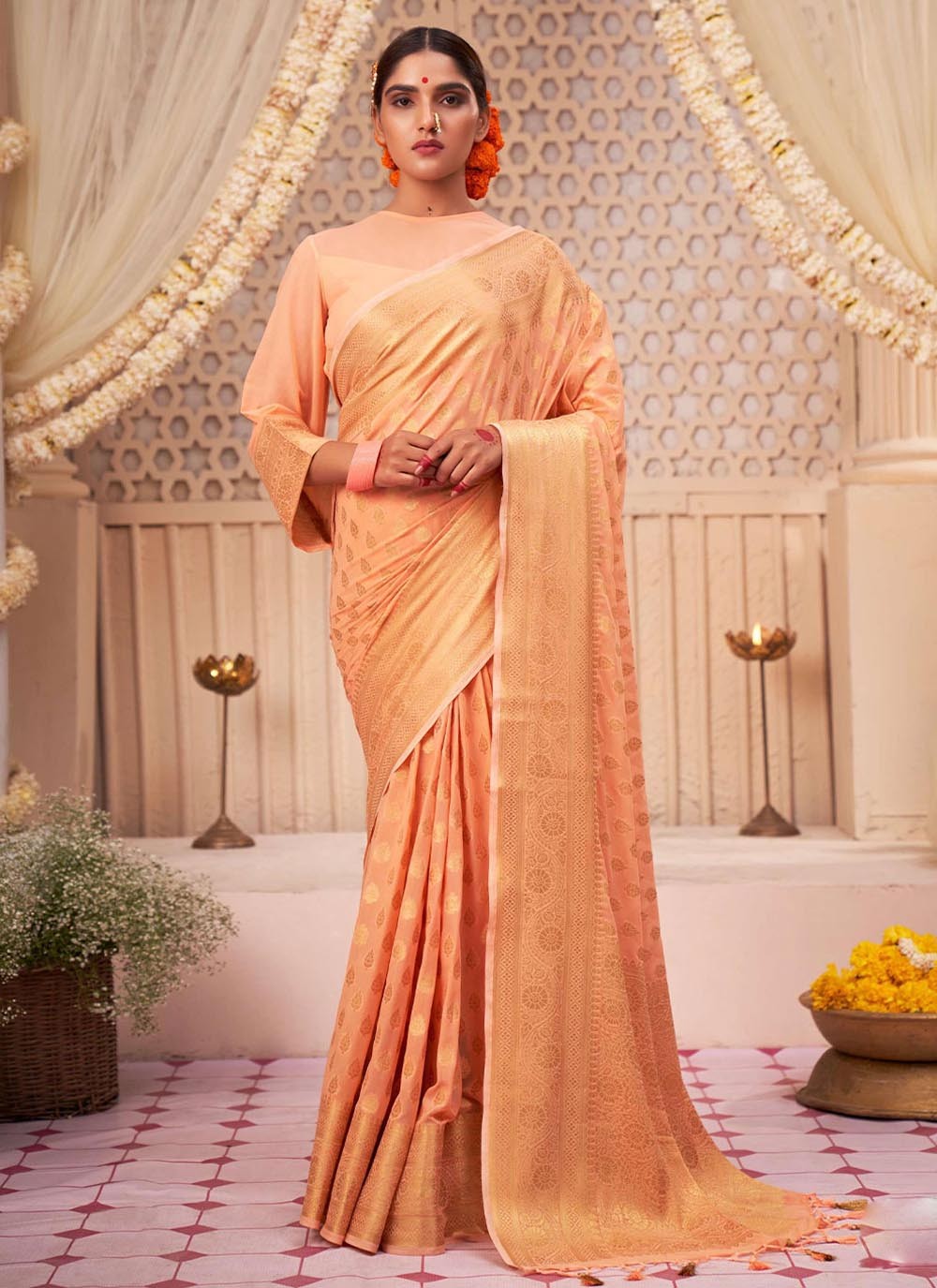 Elora Peach Cotton Embroidered Saree With Blouse