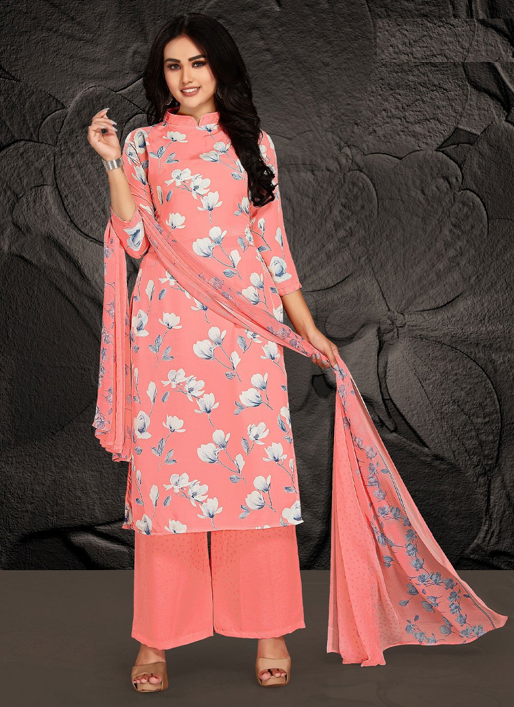 Peach Printed Party Straight Salwar Suit